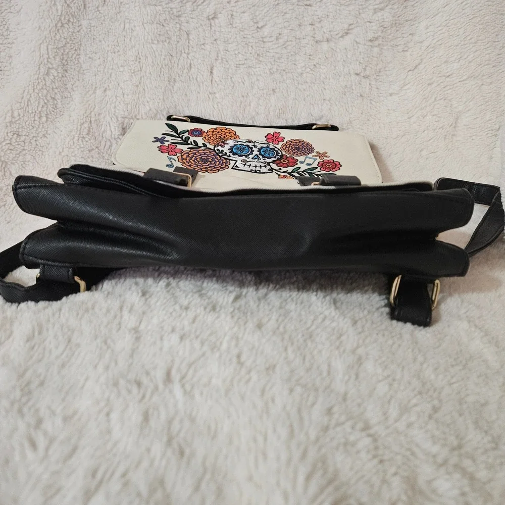 Disney Coco Backpack Sugar‎ Skull Floral Embroidered Black White Faux Leather